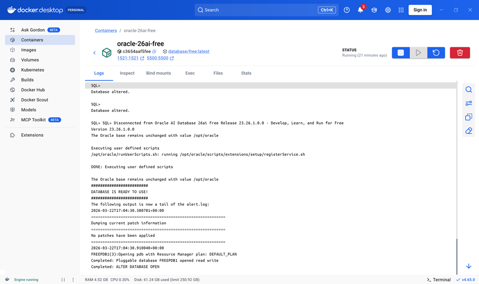 Figure 1. Docker Desktop Logs for my local 26ai local database Docker Desktop Logs for my local 26ai local database