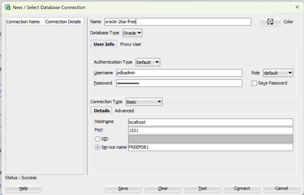 Figure 2. SQLDeveloper Database connection SQLDeveloper Database connection