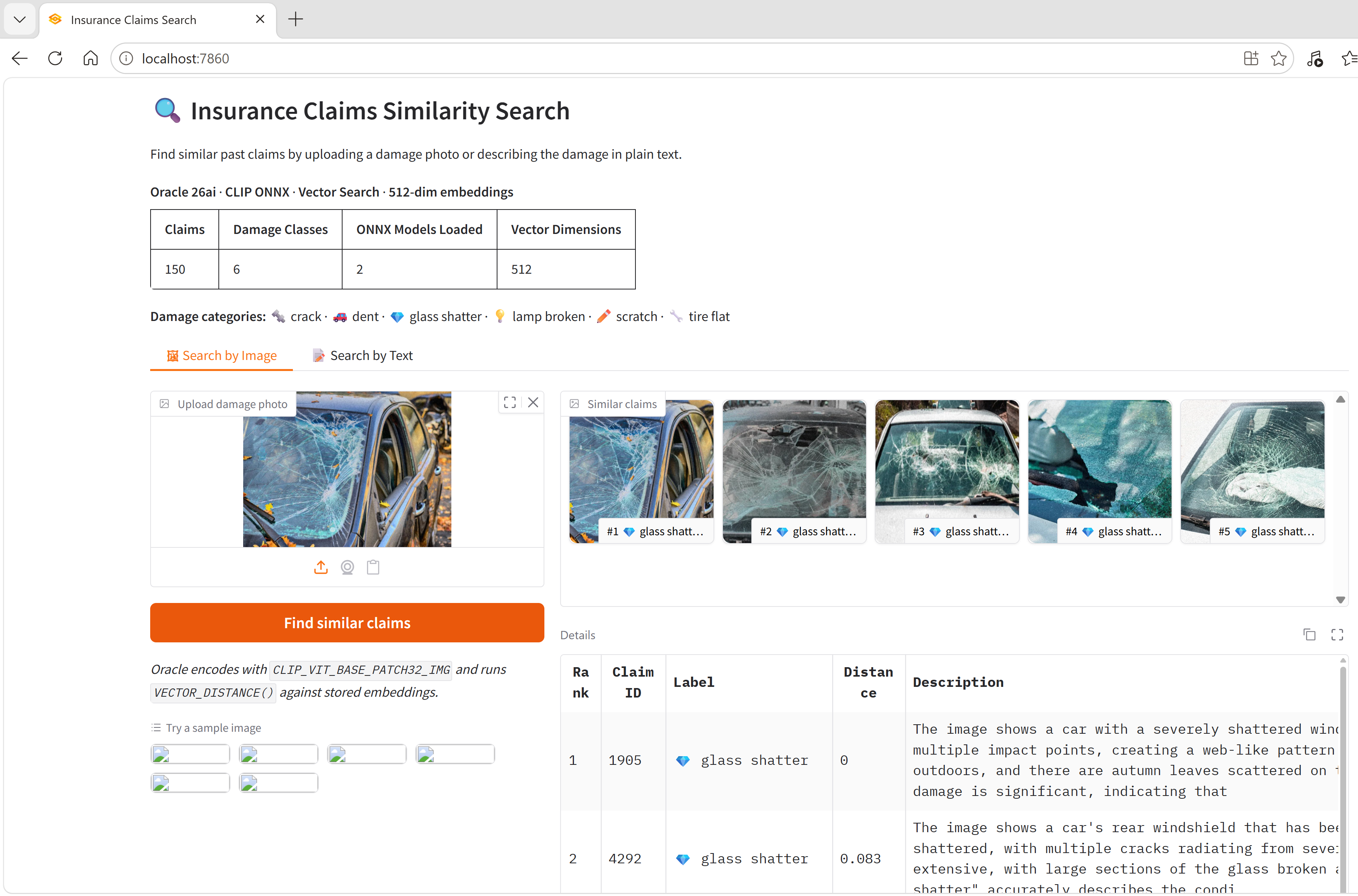 Gradio Search by Image tab showing a broken glass windshield photo uploaded on the left, with five glass shatter result images in the gallery and a details dataframe showing claim IDs, labels, distances starting at 0 and 0.083